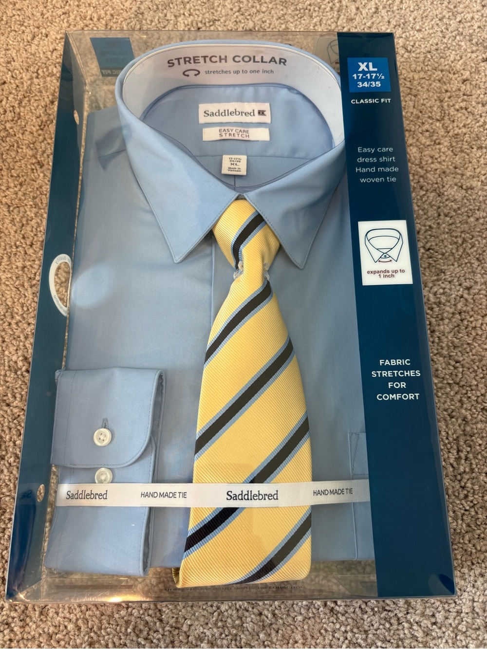 Saddlebred Light Blue Stretch Dress Shirt with Yellow Striped Tie
